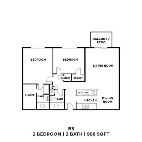 A black and white image of a floor plan for a 2 bedroom, 2 bathroom apartment totaling 988 square feet.